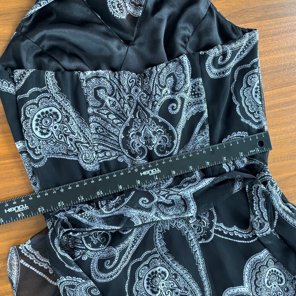 White House Black Market Paisley Midi Dress Halter Black White Wrap Bow Size 0 - Picture 5 of 7